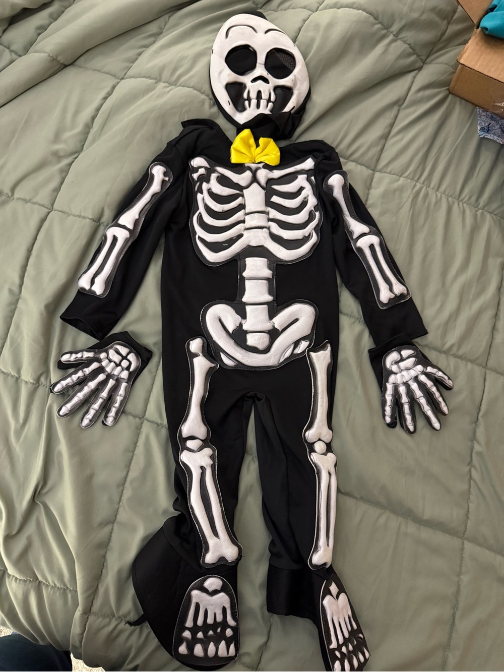 Kids Black Skeleton Costume with Yellow Bow Tie - Classic Skull Jumpsuit